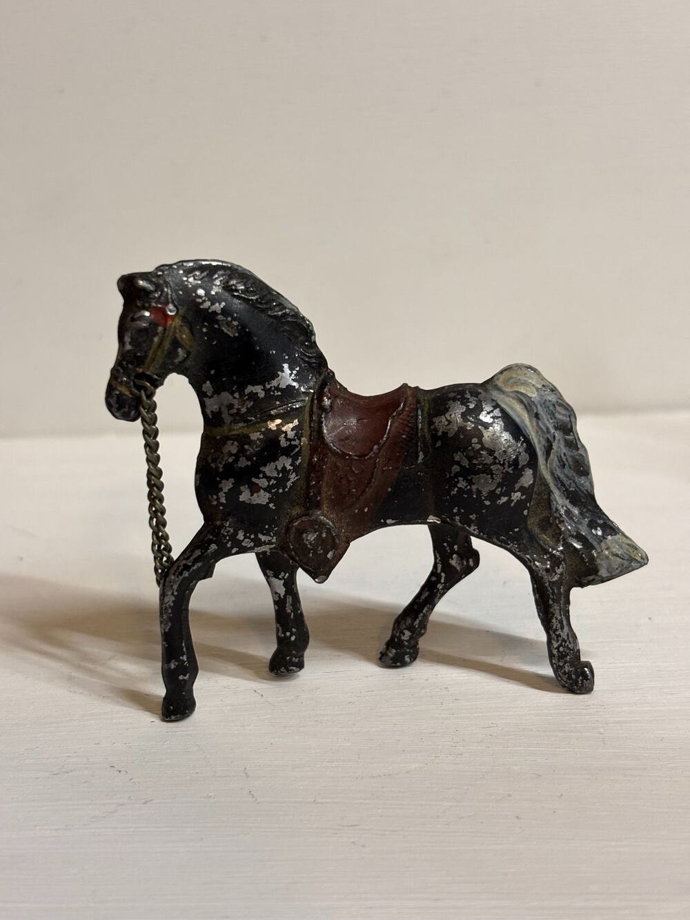 Vintage Black Metal Horse Figurine with Saddle and Chain Reins
